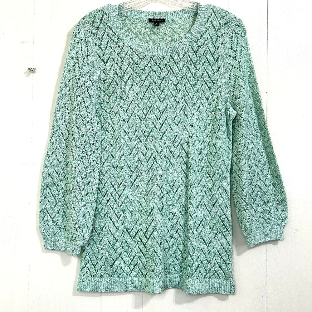 Talbots Top Aqua Green Marled Chevron Stitch Cotton Linen Blend Sweater Size M